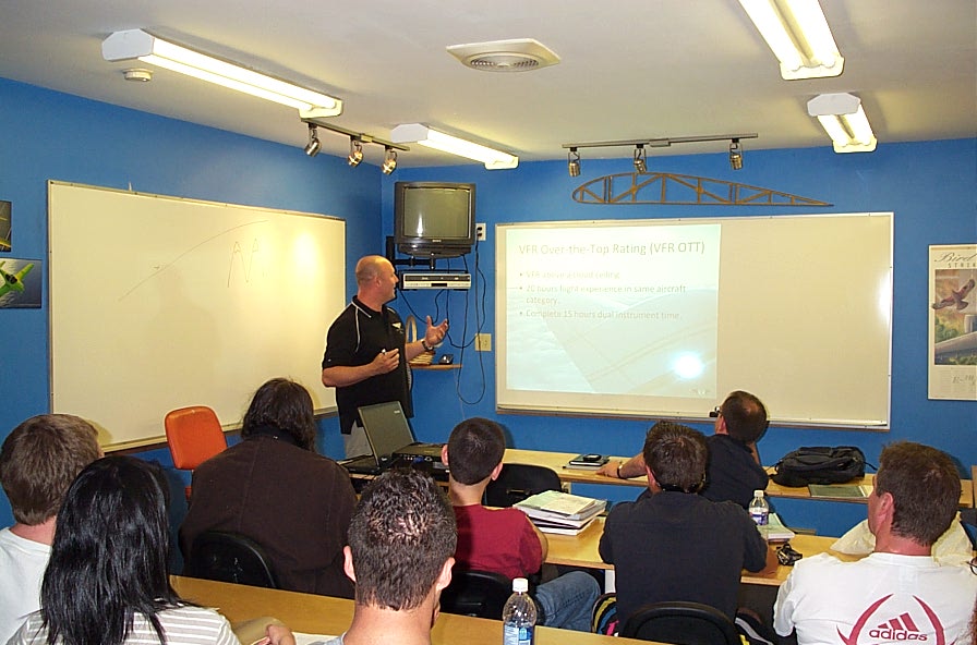 Flight Instructor Rod Giesbrect in front of the June, 2009 Private Pilot Groundschool.  Langley Flying School.